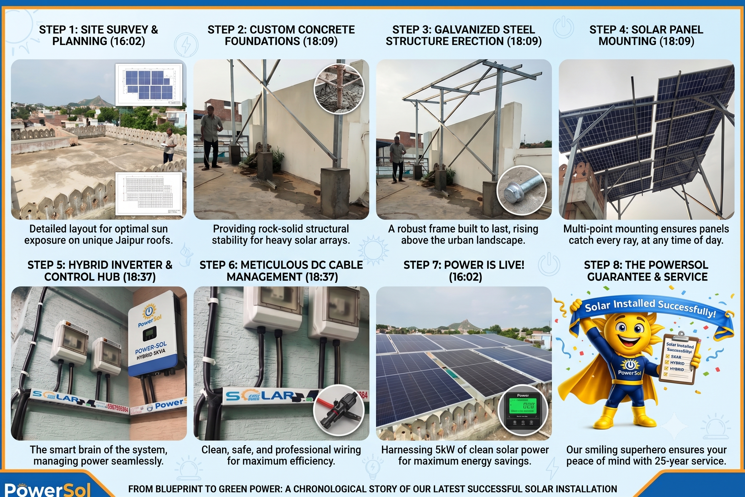 PowerSol Solar 8-step quality installation process — Site Survey, Concrete Foundations, Steel Structure, Panel Mounting, Inverter, Cable Management, Power Live, Guarantee — Jaipur Rajasthan