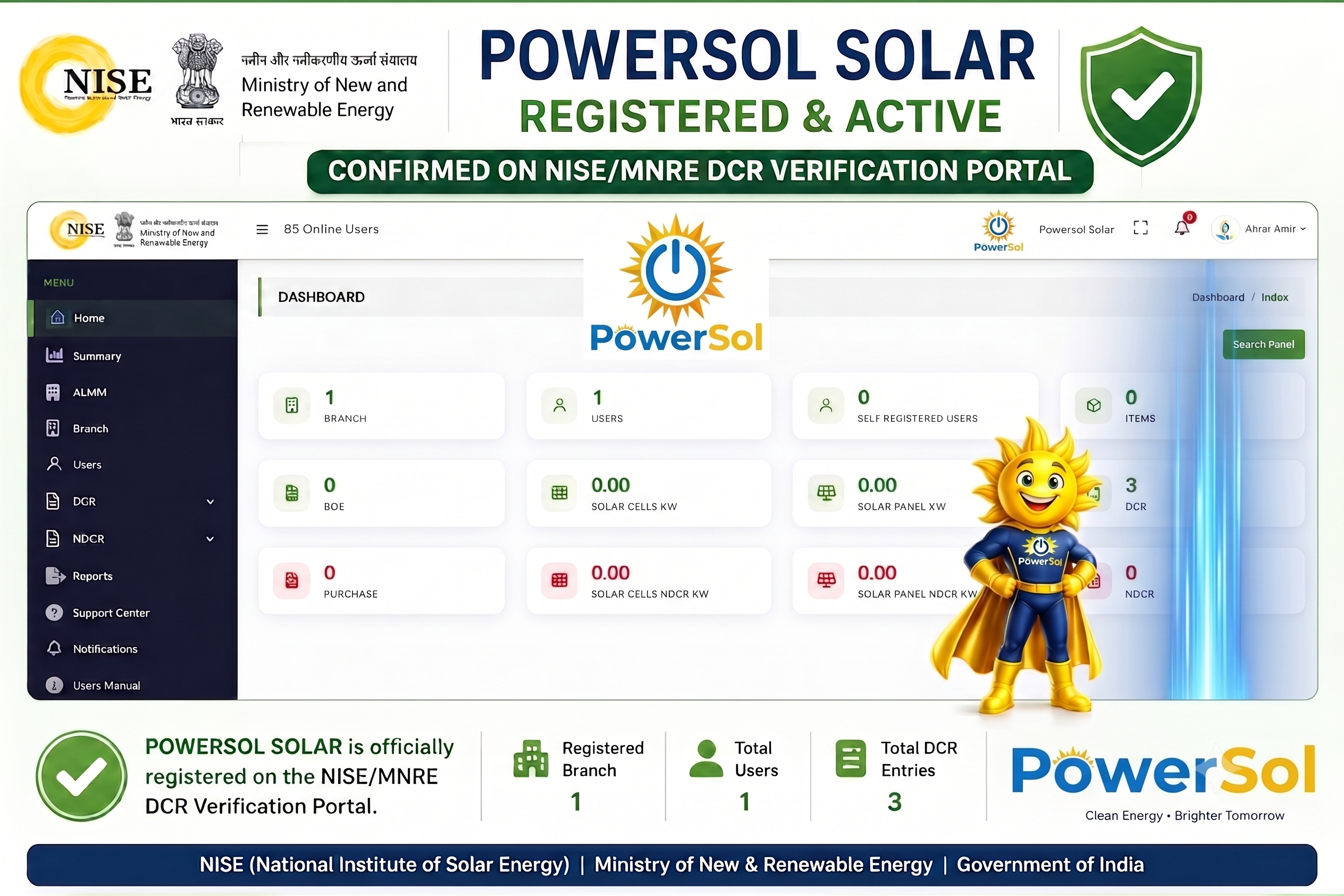 PowerSol Solar — NISE/MNRE DCR Verification Portal Dashboard showing Registered & Active status